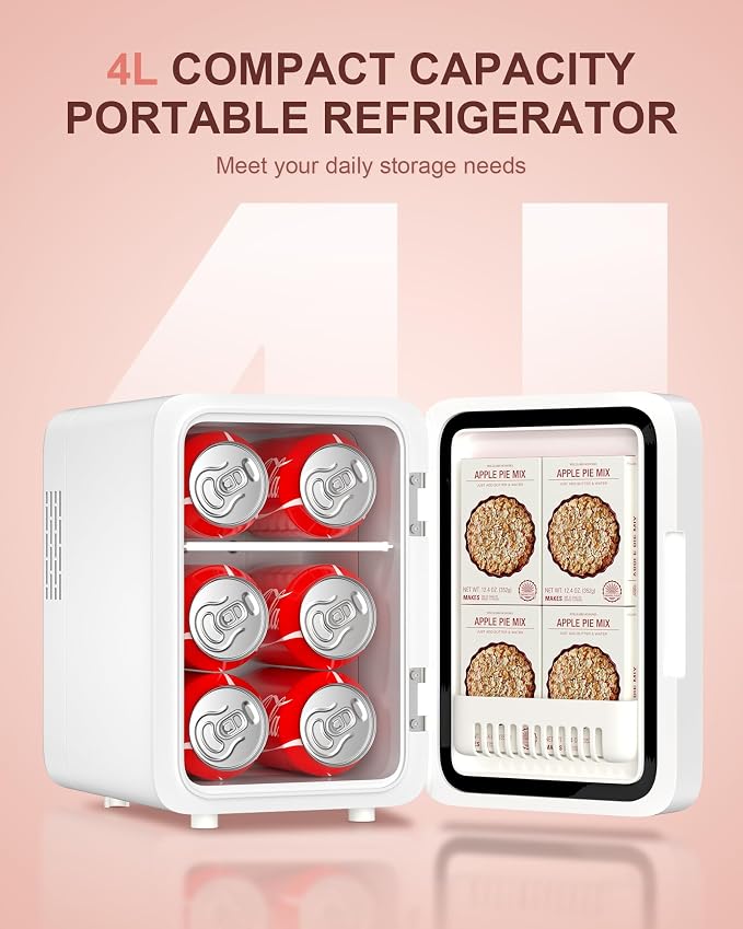 CUTIEWORLD Skincare Fridge with Dimmable LED Light Mirror, 4L Mini Fridge For Desktop, Travel or Cool & Heat, Makeup Fridge for Cosmetics, Skin Care and Food, White