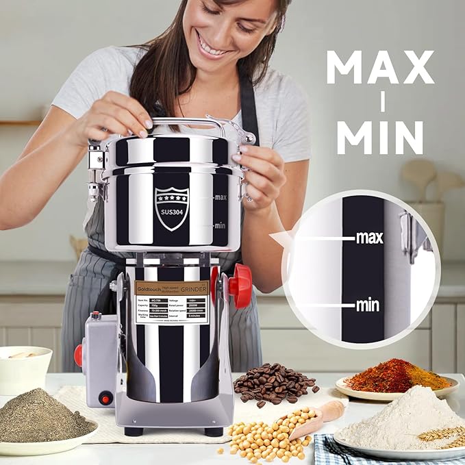 Goldtouch 750g Grain Mill Grinder 2800W Electric Stainless Steel Grain Grinder High-Speed Pulverizer Powder Machine for Dry Wheat, Oats, Corn, Pepper and Coffee Beans (750g Swing Type)