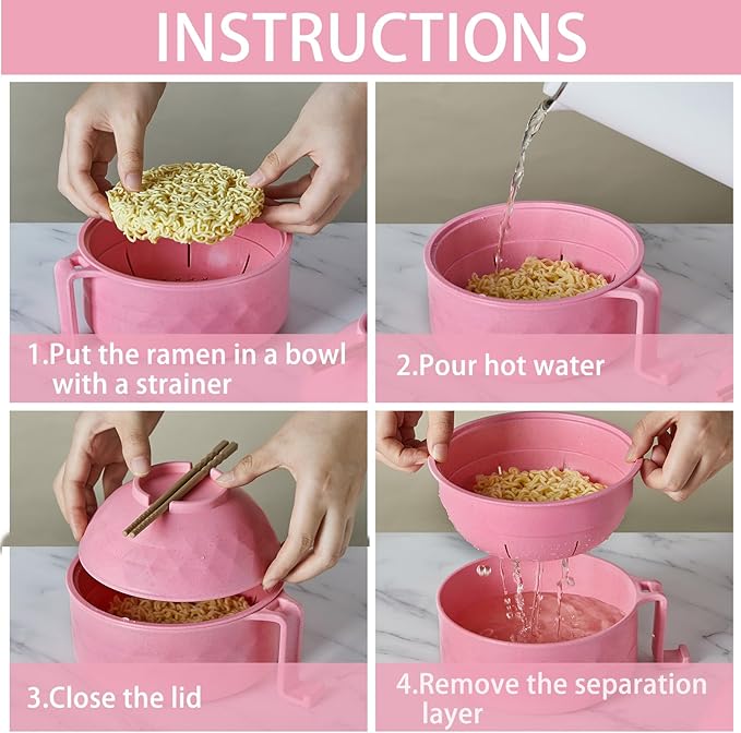 2 Sets Microwave Ramen Bowl 40 oz Wheat Fiber Portable Instant Noodle Cooker Bowl with Handles Strainer Spoon Chopstick Fork College Dorm Room Apartment Essentials(Pink,Yellow)