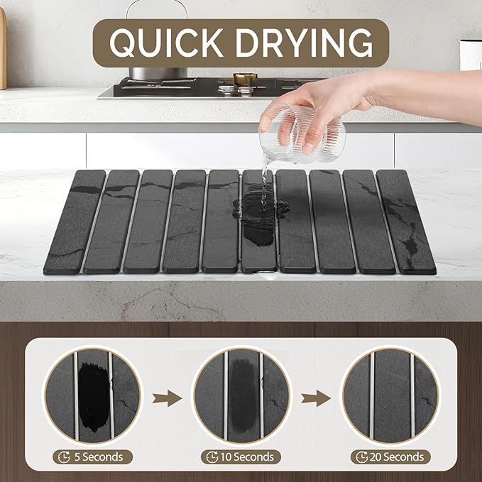 Large Stone Dish Drying Mat for Kitchen Counter, 2PCS Quick Dry Stone Dishes Mat,Foldable Water Absorbing Diatomaceous Drying Organizer Pad for Plates Rack Bottles Utensils(Dark Gray 24"×16" & 8"x4")