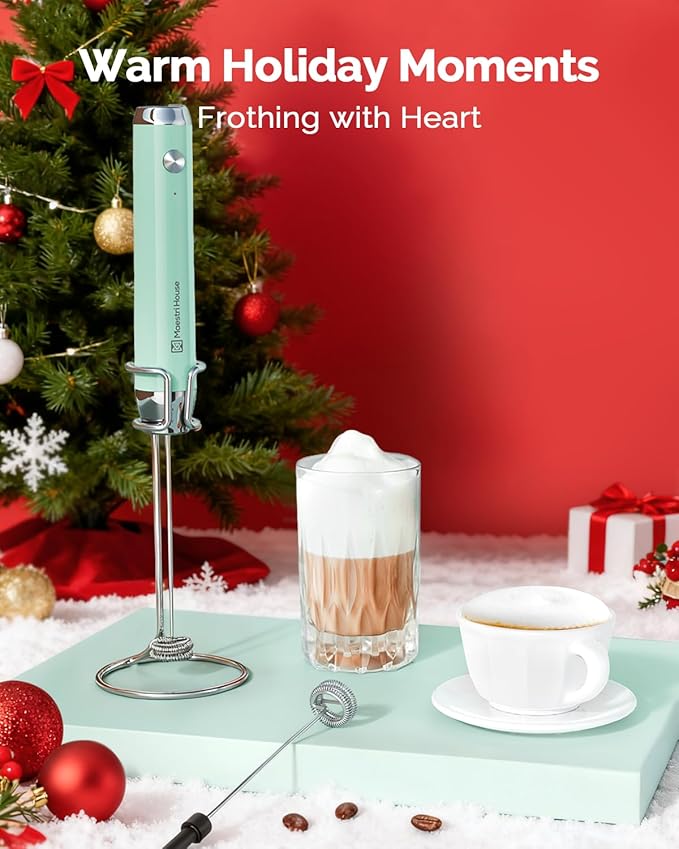 Maestri House Rechargeable Milk Frother with Stand, Handheld Electric Foam Maker Waterproof Detachable Stainless Steel Whisk Drink Mixer Foamer for Lattes, Cappuccino (Soft Aqua(Gift Box))