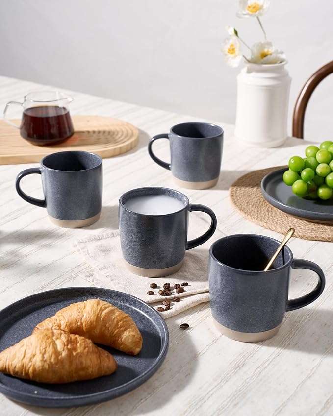 famiware Coffee Mugs Set of 4, Milkyway 13 oz Mug Set, Ceramic Cup Set with Handle for Coffee, Tea, Cocoa, Milk, Matte White + Matte Dark Charcoal (Pack of 2)