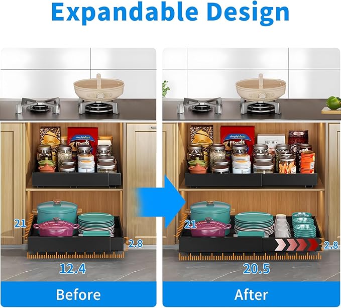 PYOF 2 Pack Pull Out Cabinet Organizer - 21" Deep Pull Out Drawers for Cabinets Expandable(12.4"-20.5") with Adhesive Nano Film Slide Out Drawers for Kitchen Cabinets Shelves Pantry Bathroom (Black)
