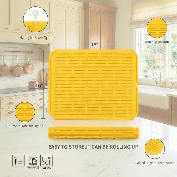MicoYang Silicone Dish Drying Mat for Multiple Usage,Easy clean,Eco-friendly,Heat-resistant Silicone Mat for Kitchen Counter or Sink,Refrigerator or Drawer Liner Yellow XL 18 inches x 16 inches