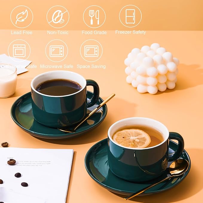 8oz Cappuccino Cups Set of 4, Tea Cups with Saucers and Spoons, Green Ceramic Tea Cups Set Coffee Mugs for Tea Cappuccino Espresso Latte Mocha Au Lait Macchiato Cafe
