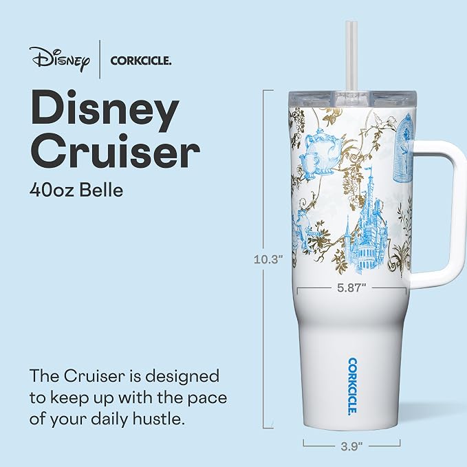 Corkcicle Cruiser Insulated Tumbler with Handle & Straw - Keeps Beverages Cold 20 Hours - Triple Insulated - Summer Drinkware Gift - Keeps Drinks Ice Cold - 40 oz - Princess Belle