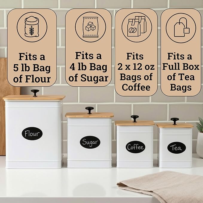 Kitchen Canisters for Countertop Set of 4 with Customizable Chalkboard Labels & Marker Pen - Big Iron Kitchen Canisters with Airtight Lids - Canisters Sets for the Kitchen - White Kitchen Canister Set | Airtight Easy Open Bamboo Lids, Dent-Resistant Th...