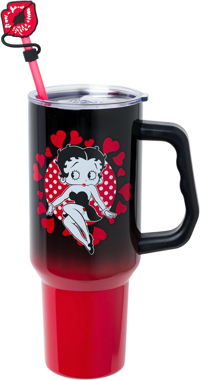 Silver Buffalo Betty Boop Core Cute Sitting Pose Hearts and Dots Stainless Steel Tumbler with Straw Cover Cap, Lid, Straw and Handle - 40 oz