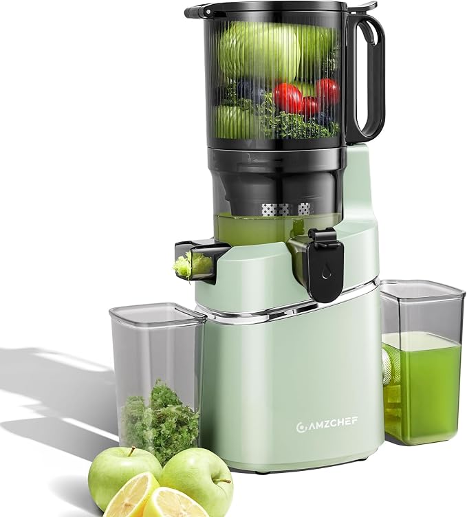 AMZCHEF Cold Press Juicer Machine, 5.8" Wide Chute for Whole Fruits & Vegetables, Self-Feeding Slow Masticating Juicer, 3-in-1 for Juice, Nut Milk & Sorbet, Triple Filtration, Easy Clean