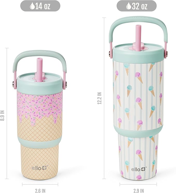 Ello Oasis Go+ 32oz Tumbler with Top Handle and Retracting Straw | Reusable Insulated Stainless Steel Cup, 100% Leakproof Water Bottle, 24 Hours Cold, Cup Holder Friendly For Travel | Ice Cream Parlor