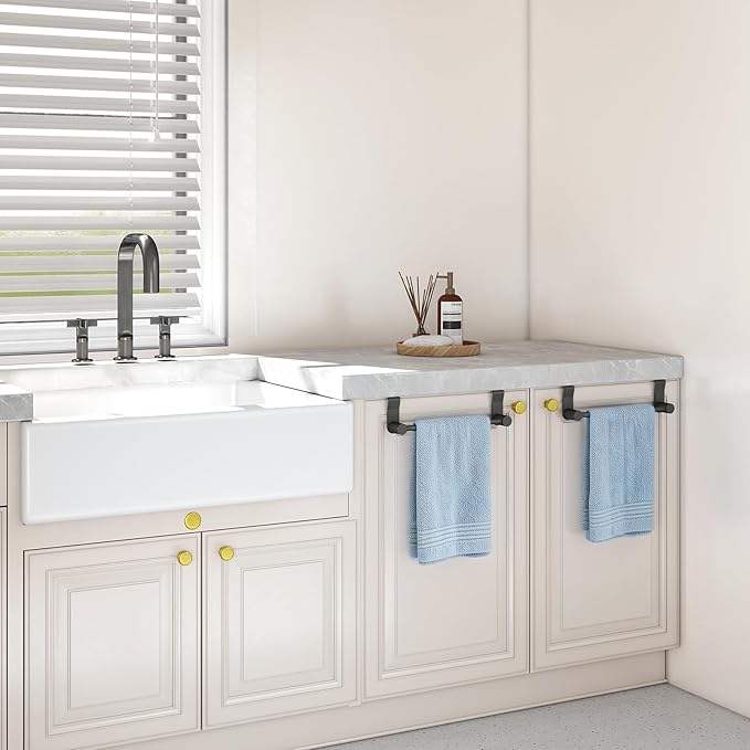 YUMORE Over the Cabinet Towel Holder for Wide Doors, 2-Pack Matte Black Dish Towel Rack for Kitchen & Bathroom