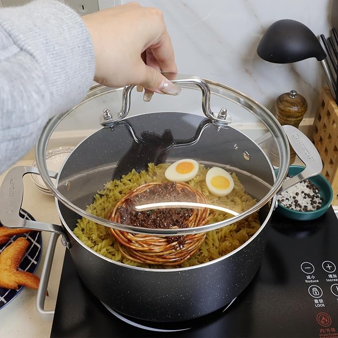 9.5 Inch Clear Glass Pot Lid for Frying Pan Replacement Cover Can Withstand 428°F (220℃) with Stainless Steel Arch Bridge Handle,Polished Silver