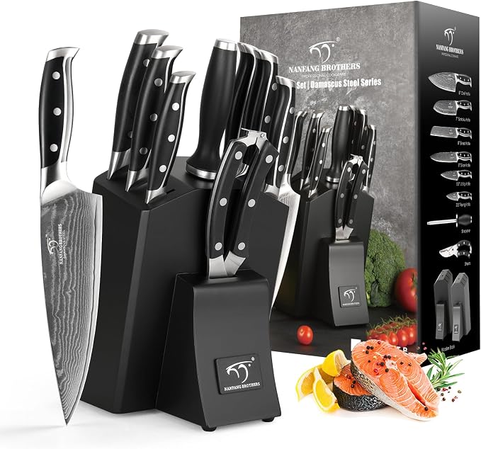 Damascus Kitchen Knife Set with Block, 9-Piece 67-Layer VG10 Damascus Steel Knife Set with Triple-Rivet Handles, Chef, Santoku, Utility, Bread & Paring Knives, Sharpener, Shears, Black
