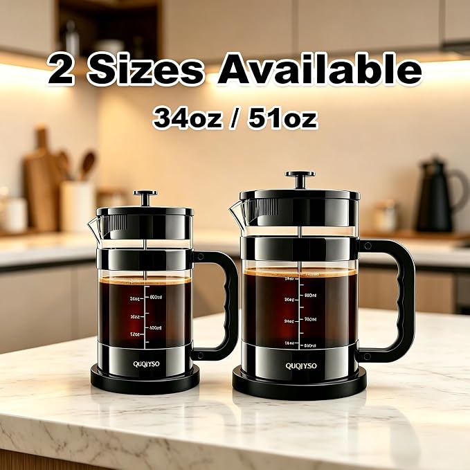 QUQIYSO French Press Coffee Maker – 304 Stainless Steel Filter, 2.8mm Thick Heat-Resistant Borosilicate Glass, Easy to Clean, Large Coffee Press for Home, Office, Party, 51oz, Dark Pewter