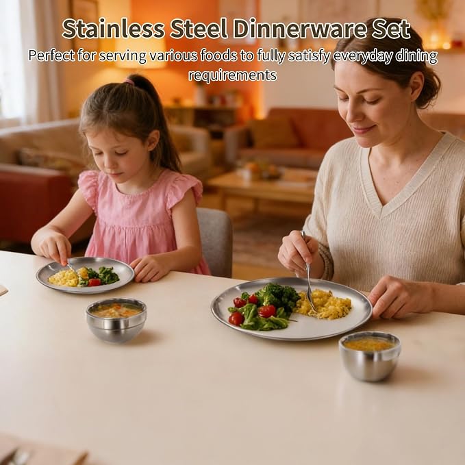 20PCS Stainless Steel Plates and Bowls Sets, Includes 10PCS 6.7 & 10.2 in Plates 10 Pieces Bowls, 304 Reusable Camping Mess Kits for Home Kitchen, Dorm and Outdoor Picnic (Silver-A)
