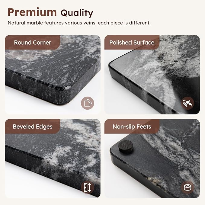 Diflart Natural Marble Stone Cutting Board for Kitchen, 16x20 Inch, Black, Marble Slab Pastry Board Large with Non-Slip Feet for Cheese, Charcuterie, Dough Chocolate, Pack of 1 Piece