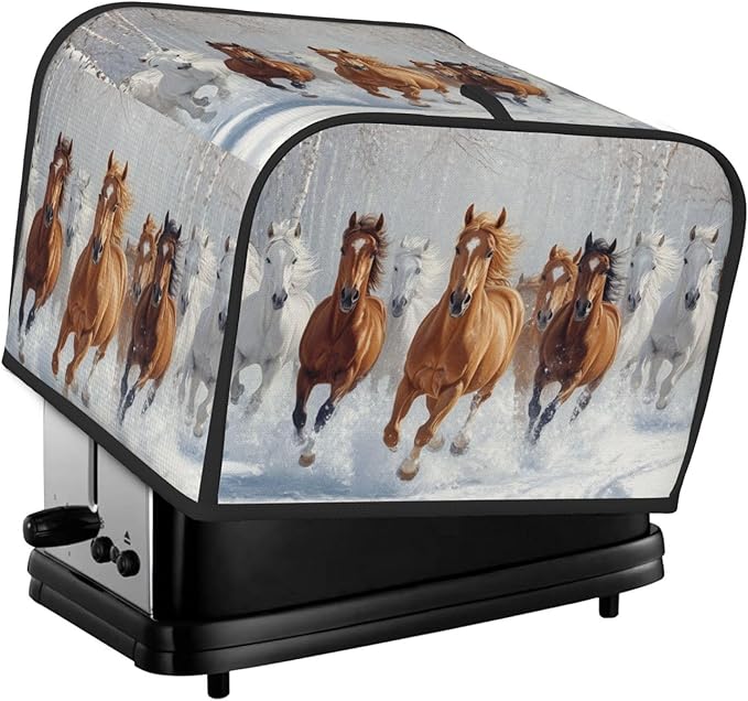 4 Slice Toaster Cover for Kitchen Horses Snow Winter Waterproof and Dustproof Oxford Fabric Toaster Dust Cover with Side Pockets Decorative Universal Cover for Wide Slot Toasters and Small Appliances