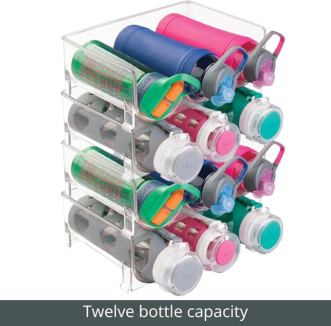 mDesign Plastic Free-Standing Stackable 3 Bottle Storage Holder Rack - Water, Wine, and Drink Organizer Shelf for Kitchen Countertop, Cabinet, Pantry, Fridge, Freezer, 4 Pack - Clear