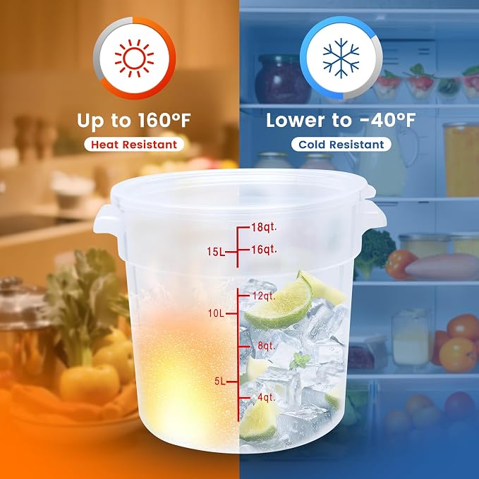 4 Pack 18QT Round Food Storage Containers with Lids | NSF, BPA-free PP containers with scale, label and measuring cup, stackable for prep, storage, freezer. Dishwasher safe