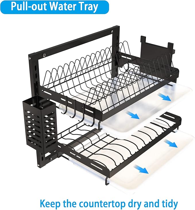 Dish Drying Rack, Over The Wall Mounted Dish Drying Rack, Stainless Steel Dish Rack, Large Storage Drying Rack for Kitchen, Dish Drainer with Utensil Holder-2 Tier
