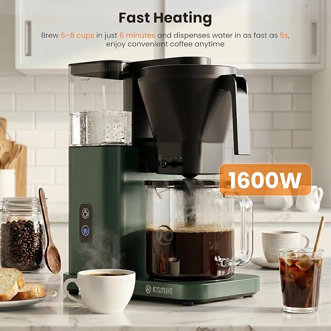Kismile 8-Cup Coffee Maker, SCA Certified Hot & Cold Brew Coffee Machine, 6-Min Quick Brew, Magnetic Anti-Drip, Adjustable Flow Control, Keep Warm, Dishwasher Safe, DIY Manual Mode, Olive Green