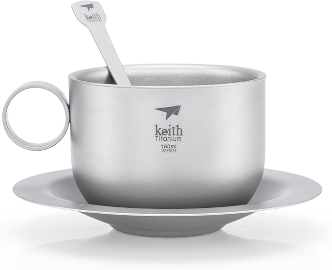 Keith Titanium Ti3601 Double-Wall Coffee Cup with Saucer and Spoon