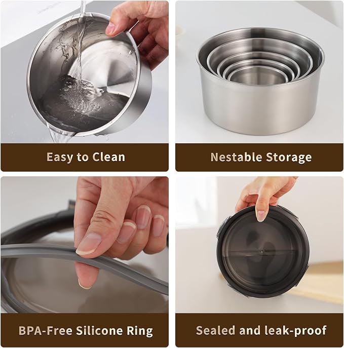 316L Stainless Steel Food Storage Containers with Lids, 11.5oz/20oz 34oz/71oz Airtight Metal Meal Prep Containers,Bento Lunch Box for Kitchen, Picnic & Camping（340 ml/600 ml/1000 ml/2100 ml）