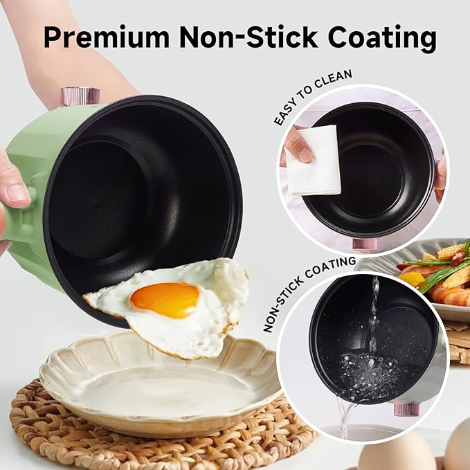 Hot Pot Electric with Steamer, Rapid Noodles Cooker,Non-Stick Electric Pot for Raman, Soup, Noodles, Steak, Oatmeal, Rapid, with Temperature control, (Rotary switch), 1.8L,Green