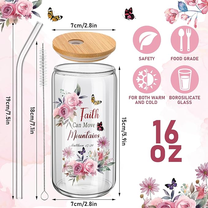 Teenyyou 12 Set of Christian Gifts for Women Bible Verse Glasses Tumbler with Bamboo Lid and Glass Straw 16oz Inspirational Religious Coffee Cup for Back to School Teacher Appreciation Gifts