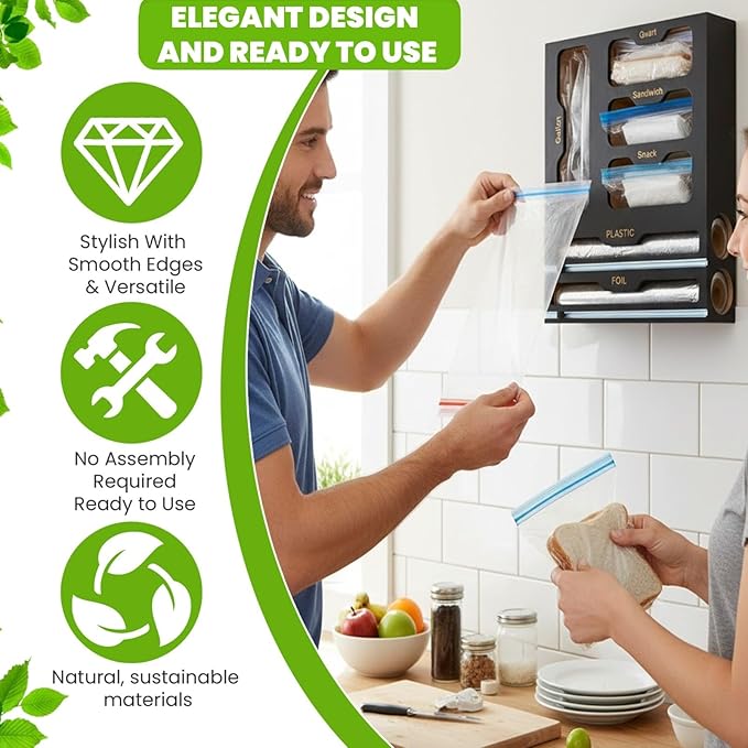 6-in-1 Ziplock Bag Organizer & Plastic Wrap Dispenser with Cutter, Kitchen Drawer Organizer for Food Storage Bags, Foil, Plastic Wrap, Parchment Paper Bamboo Bag Organizer