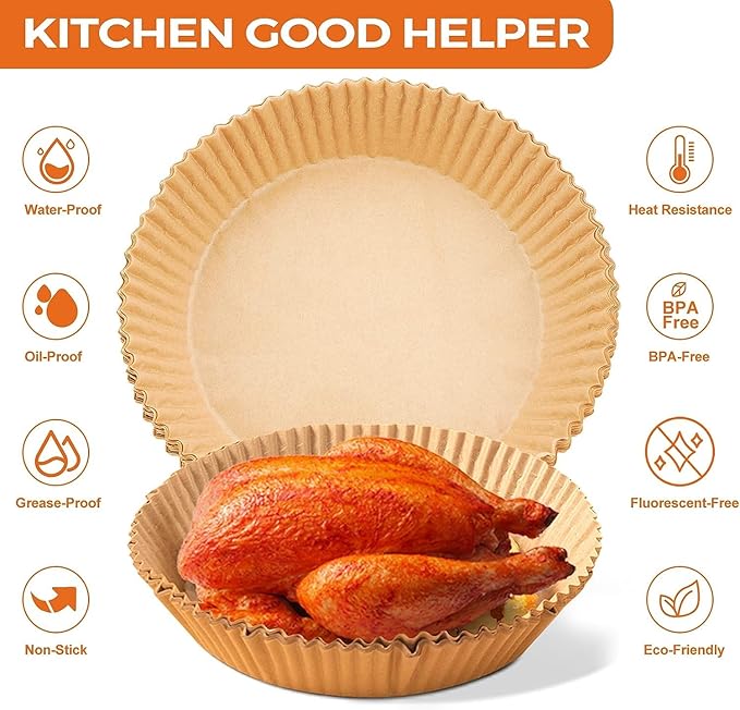 Vailnd 9inch Round Air Fryer Liners Disposable, 125PCS Non-Stick Parchment Paper Liners, Oil Resistant, Waterproof, Food Grade Baking Paper for 5-10 QT Air Fryer Microwave