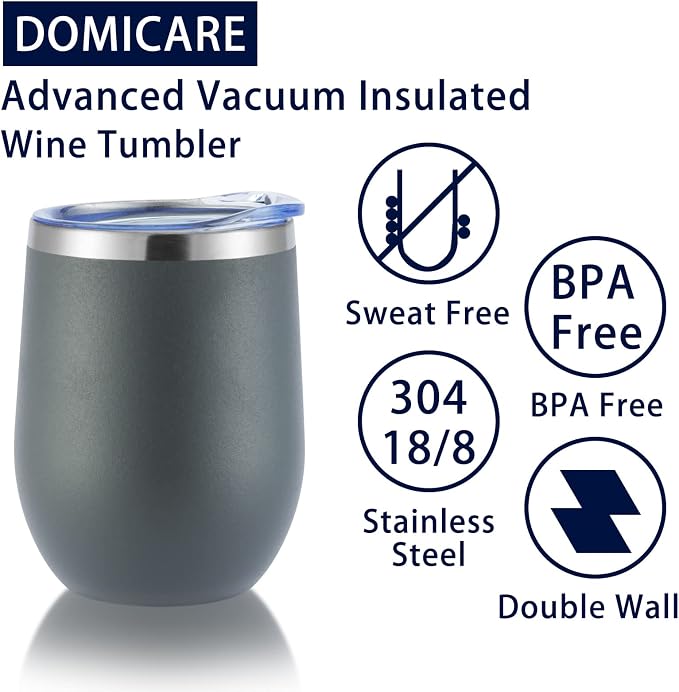 DOMICARE Stainless Steel Wine Tumbler Bulk with Lid, Personalized Insulated Tumblers Set, 12oz Travel Coffee Cups Pack of 8, Gray