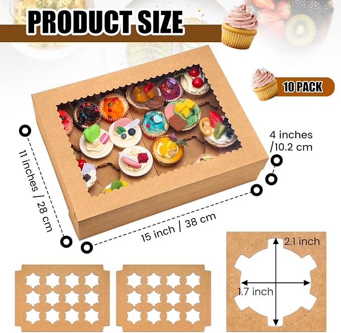 AmazingSpark 10 Pack 24 Count Cupcake Boxes, Mini Cupcake Containers, 14.9 x 11 x 4 Inch Kraft Disposable Bakery Boxes with Window and Inserts for Birthday Holiday Party Bakery Desserts