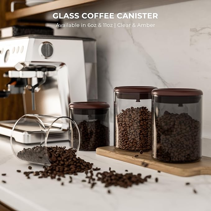 Amber Glass Coffee Canister 2-Pack with Pop Lid & 1-Way Valve - Airtight Container with UV Protection to Lock in Freshness - Storage for Coffee Beans, Ground Coffee & Dry Food, 11OZ