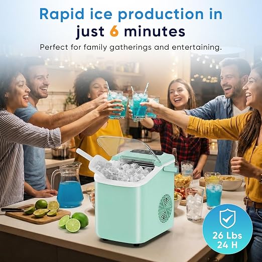 NEWBULIG Ice Maker, Countertop Ice Machine with Handle | 9 Bullet Cubes in 6-8 Mins, 26lbs Daily, Self-Cleaning with Basket and Scoop for Home/Kitchen/Camping/RV