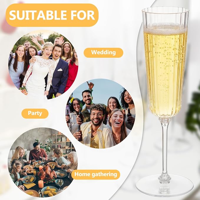 Jingmore 48 Pcs Plastic Ribbed Champagne Flutes With Stem, 6.4 oz Clear Vintage Disposable Champagne Glasses for Wedding Birthday Anniversary (Clear)