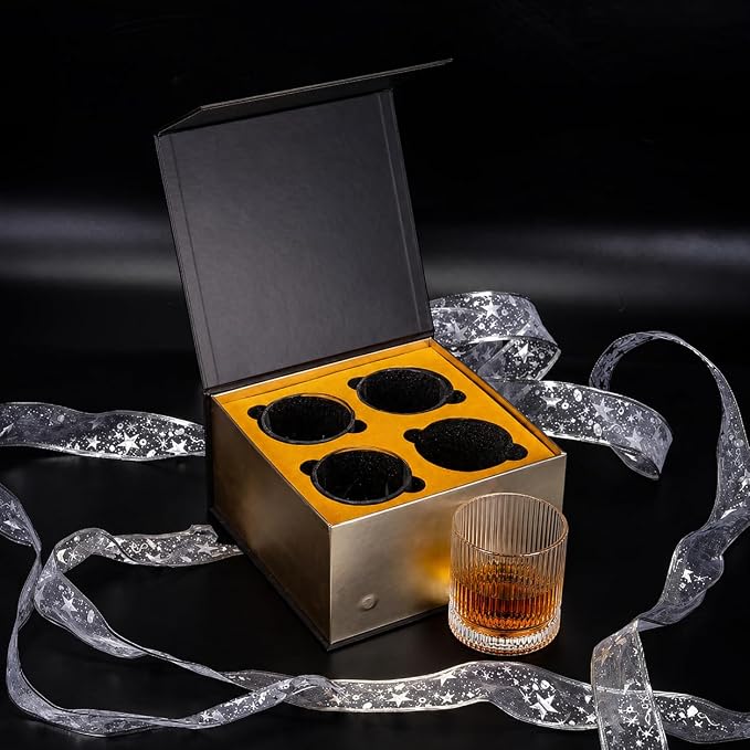 Vintage Whiskey Glasses Set of 4, 12 oz Crystal, Luxury Gift Box | Old fashioned, ribbed design, gift-ready box, birthday, Father's Day, Christmas, gifts for men, home barware