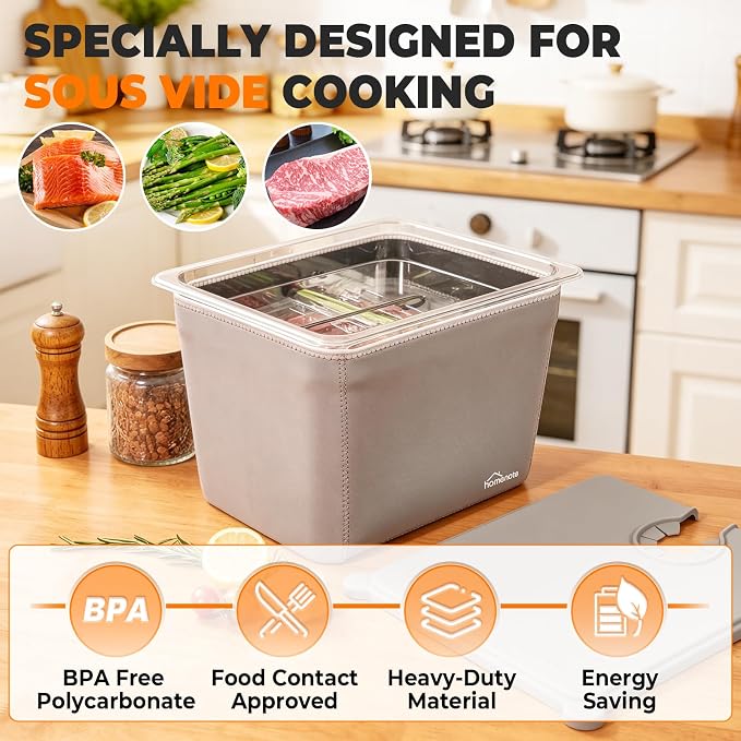 HOMENOTE Sous Vide Container 12 Quart with Collapsible Silicone Lid,Complete Sous Vide Accessories Kit BPA Free,Compatible with Anova and Most Sous Vide Cookers（Comes with Rack and Sleeve）