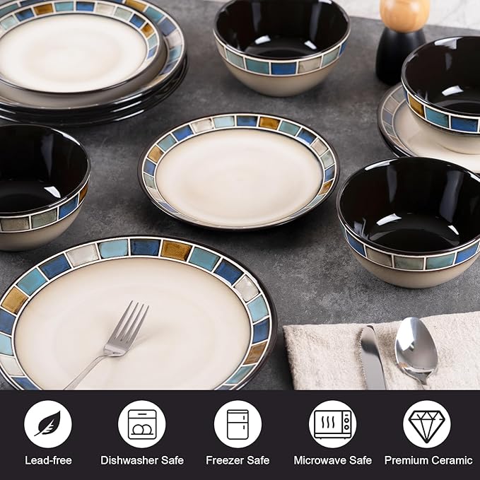 12 Piece Stoneware Dinnerware Set for 4, Vintage Blue & White with Square Rim Handmade Ceramic Plates and Bowls, Scratch Resistant Dish Set, Microwave & Dishwasher Safe Porcelain Kitchen Dishes