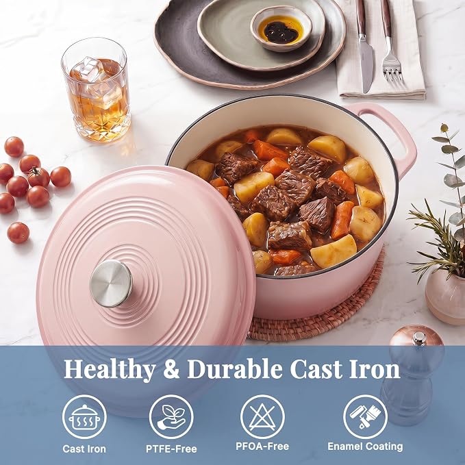 DUMOS Cast Iron Dutch Oven, 6 Quart Pot with Lid, Enameled Heavy Duty Cookware, Oven Safe to 500°F, Perfect for Bread Baking, Braising, Stews and Roasting, Moisture Sealing Lid with Dual Handles, Gradient Pink
