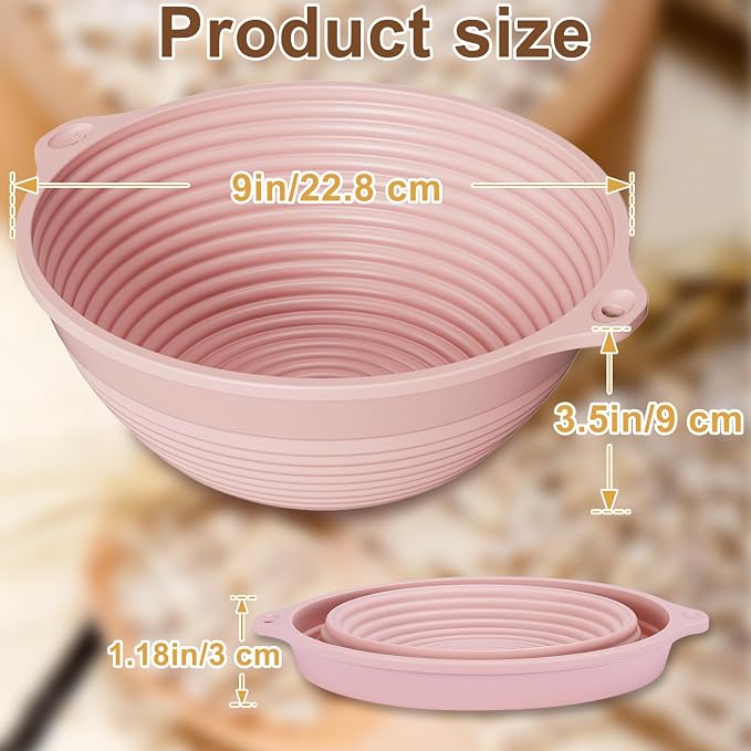 Upgraded 2 Pcs 9" Foldable Silicone Banneton Bread Proofing Baskets Round | with Handle, Reinforced Rim Support, Oven&Dishwasher Safe, BPA-Free, Non-Stick Dough Proofing Bowl, Sourdough Baking Supplies