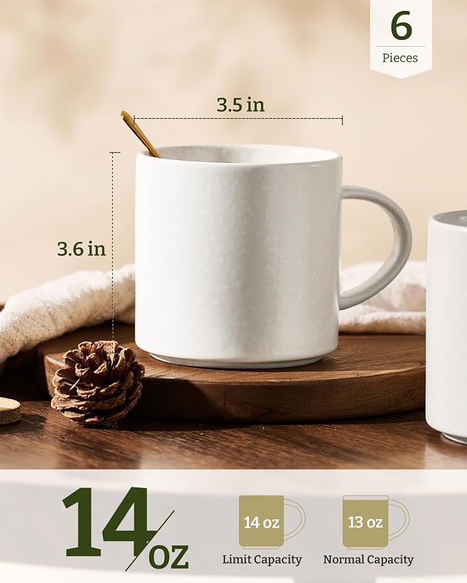 famiware Coffee Mugs Set of 6 Nebula 14oz Coffee Mugs, Ceramic Cup Set with Handle for Latte, Tea, Milk, Cappuccino, Cocoa, Matte Beige White