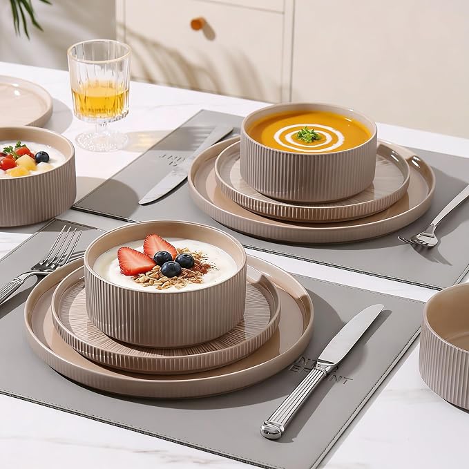 Dinnerware Sets, Ceramic Plates and Bowls Set 12 Piece Dinnerware for 4 Chip Resistant Stoneware, Dishwasher and Microwave Safe-Warm brown