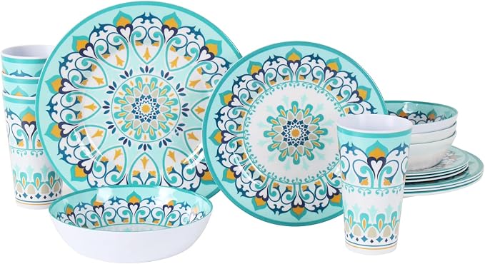 Melamine Dinnerware Set for 4-16 Pcs:Camping Dishes Set with Dinner Plates,Salad Plates,Bowls and Cups.Lightweight and Unbreakable.Indoor and Outdoor Use.