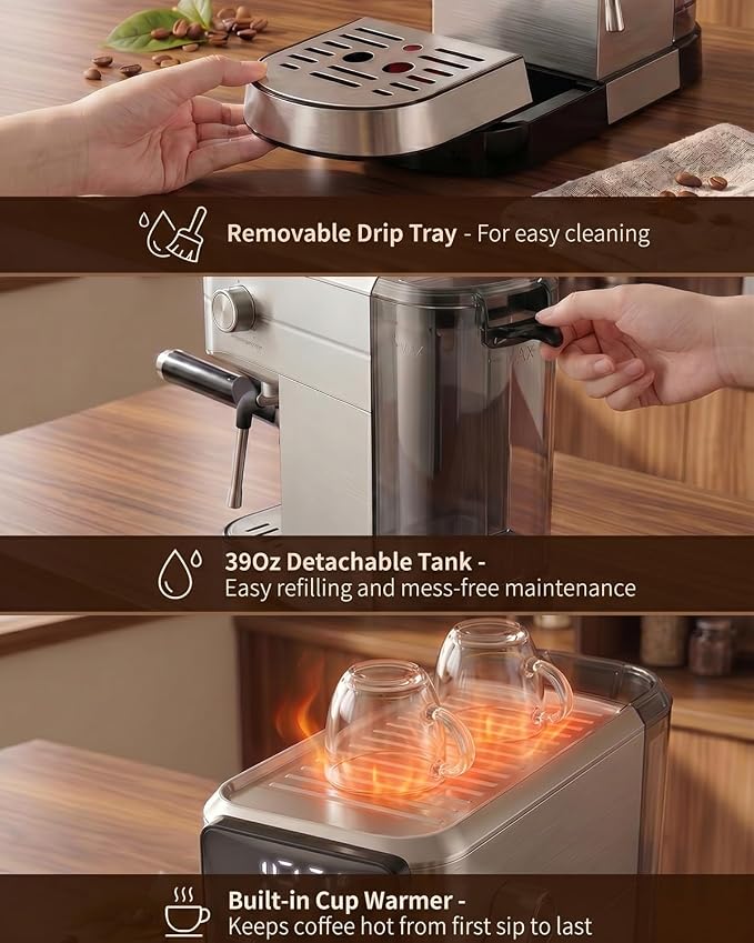 Espresso Machine 20 Bar, 1350W Expresso Coffee Machines with Milk Frother,Stainless Steel Espresso Maker with 39oz Removable Water Tank for Cappuccino, Latte(Silver)