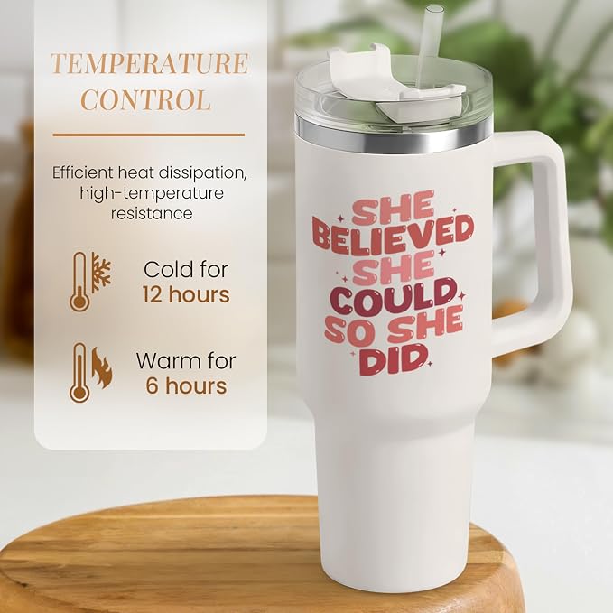 SANDJEST Graduation Gift for Women She Believed She Could So She Did Tumbler 40oz Stainless Steel Insulated with Handle and Straw - New Job, Going Away, Inspirational Design