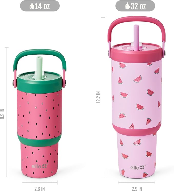 Ello Oasis Go 14oz Stainless Steel Kids Tumbler with Top Handle & Retracting Straw, 100% Leakproof, Double-Wall Vacuum Insulated, Kids Water Bottle for School, BPA Free, Dishwasher Safe, Watermelon