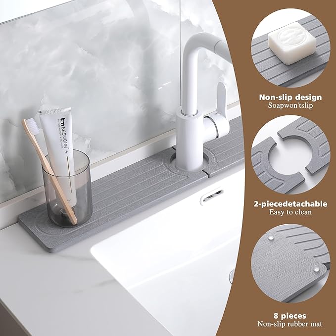 Faucet Mat for Kitchen Sink -Diatomite Stone Drying Mat for Kitchen Counter & Bathroom Sink,Quick-Dry Kitchen Sink Mat-Sink Protector & Splash Guard,Super Absorbent (Gray, 15.8"x4")