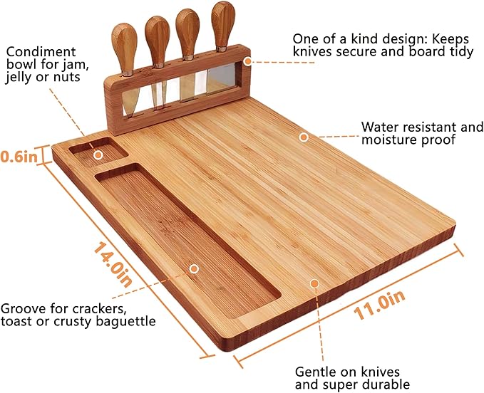 Cheese Board Charcuterie Board Set: Bamboo Cheese Tray Cheese Board Set, Wine Meat Serving Platters with Cheese Knife Set, Charcuterie Boards Gift Set for House Warming, Wedding, Anniversary