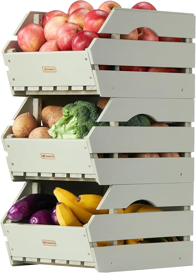 HABAU Wood Potato Onion Storage Bins - Wooden Stackable Produce Basket - Fruit Vegetable Storage for Kitchen Pantry Organization, Set 3 Pieces